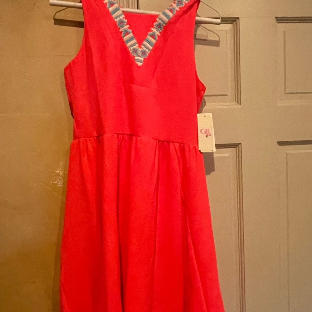 GB Girls Vibrant Red/ Orange Dress with Blue Accents - Size 16 - New with Tags
